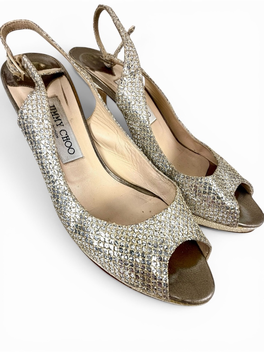 Jimmy‎ Choo Glitter Slingback Peep Toe Heels Gold Metallic EU 40